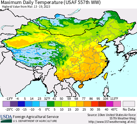 China, Mongolia and Taiwan Maximum Daily Temperature (USAF 557th WW) Thematic Map For 3/13/2023 - 3/19/2023