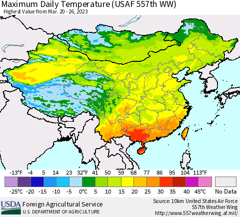 China, Mongolia and Taiwan Maximum Daily Temperature (USAF 557th WW) Thematic Map For 3/20/2023 - 3/26/2023