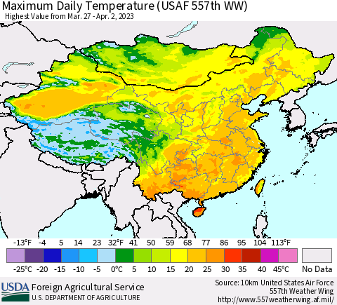 China, Mongolia and Taiwan Maximum Daily Temperature (USAF 557th WW) Thematic Map For 3/27/2023 - 4/2/2023