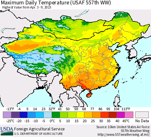 China, Mongolia and Taiwan Maximum Daily Temperature (USAF 557th WW) Thematic Map For 4/3/2023 - 4/9/2023
