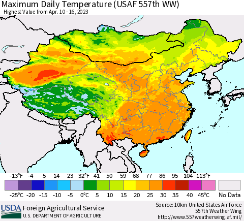 China, Mongolia and Taiwan Maximum Daily Temperature (USAF 557th WW) Thematic Map For 4/10/2023 - 4/16/2023