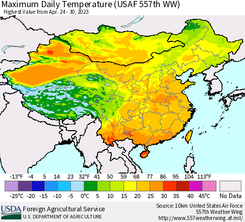 China, Mongolia and Taiwan Maximum Daily Temperature (USAF 557th WW) Thematic Map For 4/24/2023 - 4/30/2023