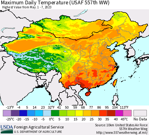 China, Mongolia and Taiwan Maximum Daily Temperature (USAF 557th WW) Thematic Map For 5/1/2023 - 5/7/2023