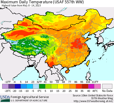 China, Mongolia and Taiwan Maximum Daily Temperature (USAF 557th WW) Thematic Map For 5/8/2023 - 5/14/2023