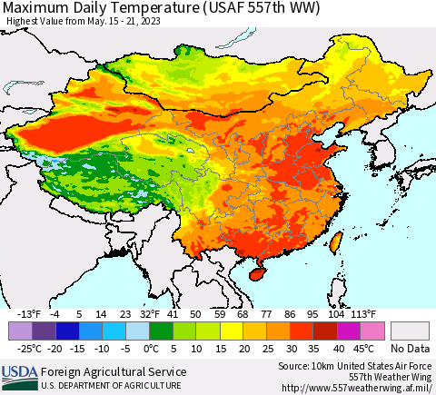 China, Mongolia and Taiwan Maximum Daily Temperature (USAF 557th WW) Thematic Map For 5/15/2023 - 5/21/2023