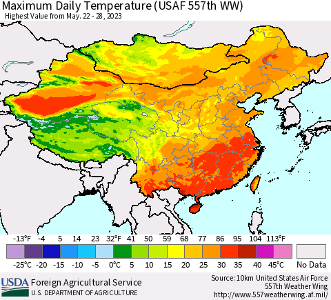 China, Mongolia and Taiwan Maximum Daily Temperature (USAF 557th WW) Thematic Map For 5/22/2023 - 5/28/2023