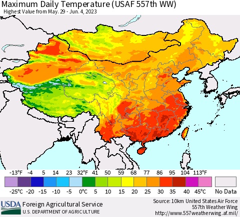 China, Mongolia and Taiwan Maximum Daily Temperature (USAF 557th WW) Thematic Map For 5/29/2023 - 6/4/2023