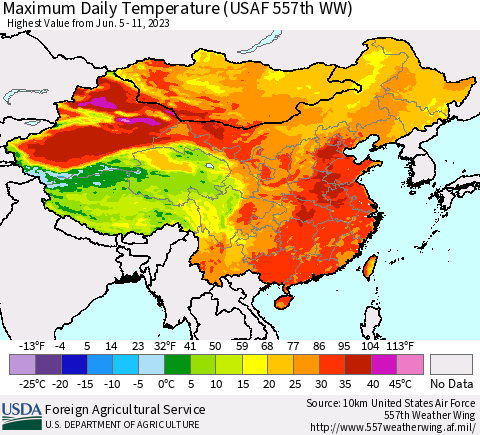 China, Mongolia and Taiwan Maximum Daily Temperature (USAF 557th WW) Thematic Map For 6/5/2023 - 6/11/2023