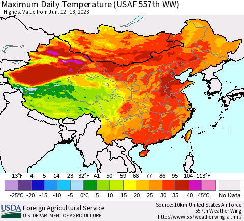 China, Mongolia and Taiwan Maximum Daily Temperature (USAF 557th WW) Thematic Map For 6/12/2023 - 6/18/2023