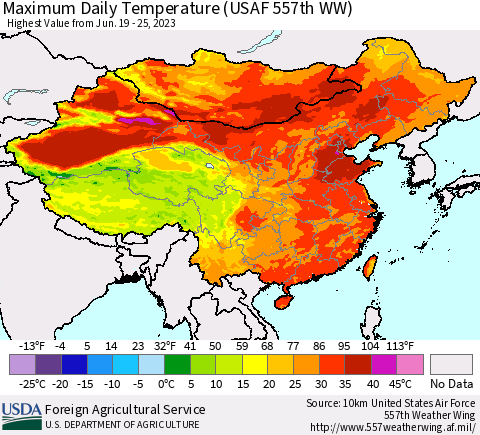 China, Mongolia and Taiwan Maximum Daily Temperature (USAF 557th WW) Thematic Map For 6/19/2023 - 6/25/2023