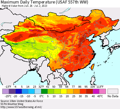 China, Mongolia and Taiwan Maximum Daily Temperature (USAF 557th WW) Thematic Map For 6/26/2023 - 7/2/2023