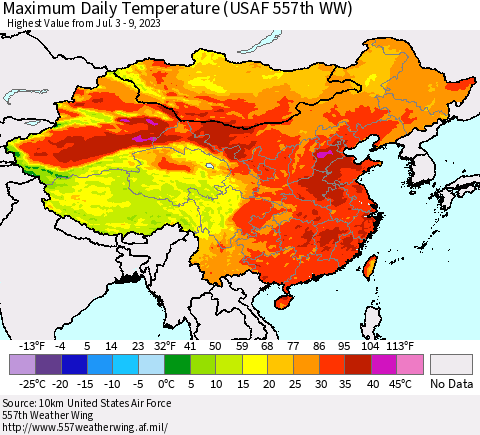 China, Mongolia and Taiwan Maximum Daily Temperature (USAF 557th WW) Thematic Map For 7/3/2023 - 7/9/2023