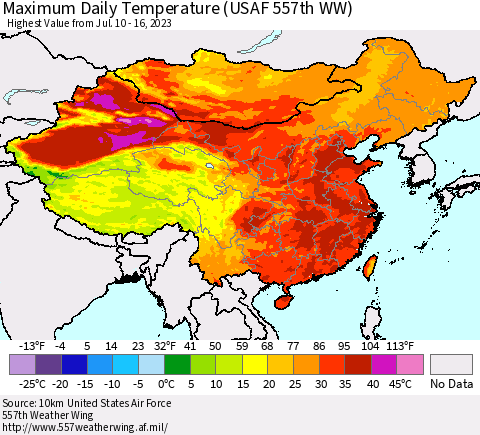 China, Mongolia and Taiwan Maximum Daily Temperature (USAF 557th WW) Thematic Map For 7/10/2023 - 7/16/2023