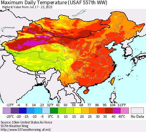 China, Mongolia and Taiwan Maximum Daily Temperature (USAF 557th WW) Thematic Map For 7/17/2023 - 7/23/2023