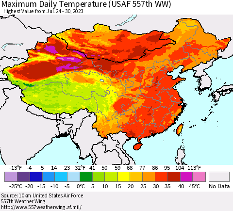 China, Mongolia and Taiwan Maximum Daily Temperature (USAF 557th WW) Thematic Map For 7/24/2023 - 7/30/2023