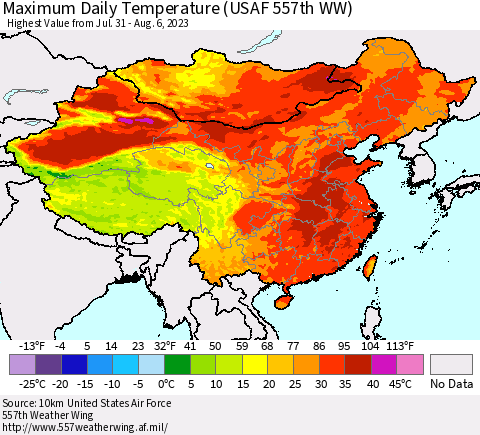 China, Mongolia and Taiwan Maximum Daily Temperature (USAF 557th WW) Thematic Map For 7/31/2023 - 8/6/2023