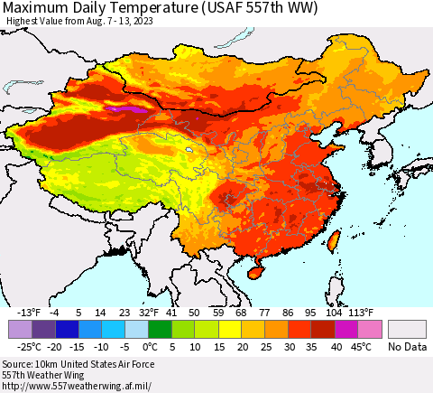 China, Mongolia and Taiwan Maximum Daily Temperature (USAF 557th WW) Thematic Map For 8/7/2023 - 8/13/2023