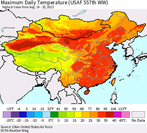 China, Mongolia and Taiwan Maximum Daily Temperature (USAF 557th WW) Thematic Map For 8/14/2023 - 8/20/2023