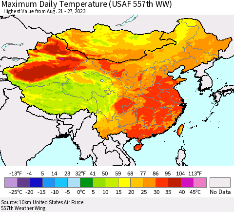 China, Mongolia and Taiwan Maximum Daily Temperature (USAF 557th WW) Thematic Map For 8/21/2023 - 8/27/2023