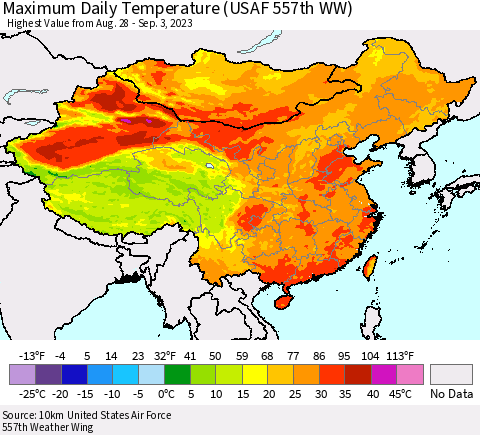 China, Mongolia and Taiwan Maximum Daily Temperature (USAF 557th WW) Thematic Map For 8/28/2023 - 9/3/2023