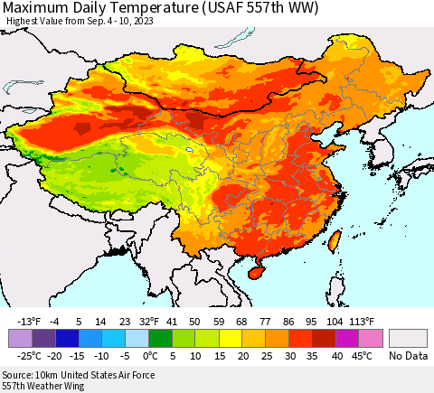 China, Mongolia and Taiwan Maximum Daily Temperature (USAF 557th WW) Thematic Map For 9/4/2023 - 9/10/2023