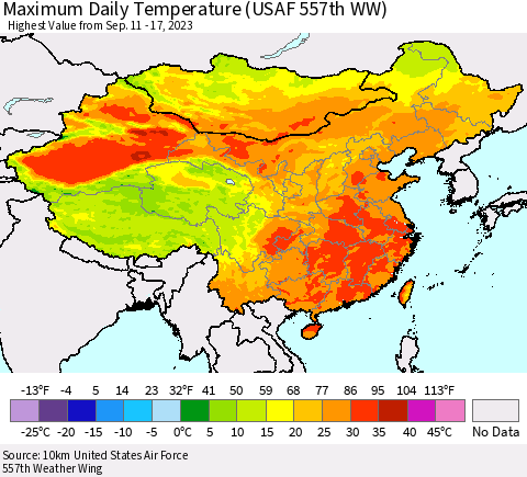 China, Mongolia and Taiwan Maximum Daily Temperature (USAF 557th WW) Thematic Map For 9/11/2023 - 9/17/2023