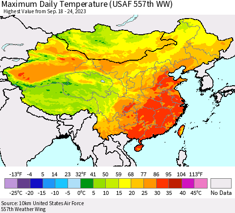 China, Mongolia and Taiwan Maximum Daily Temperature (USAF 557th WW) Thematic Map For 9/18/2023 - 9/24/2023