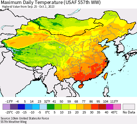 China, Mongolia and Taiwan Maximum Daily Temperature (USAF 557th WW) Thematic Map For 9/25/2023 - 10/1/2023