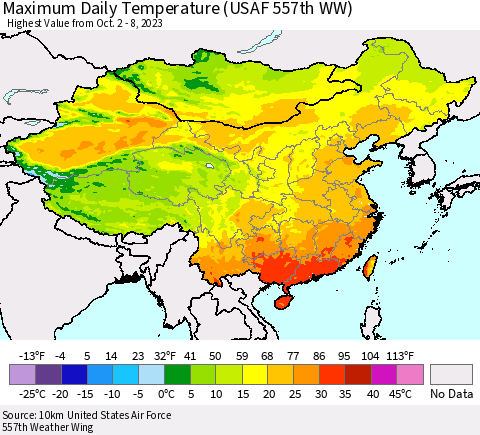 China, Mongolia and Taiwan Maximum Daily Temperature (USAF 557th WW) Thematic Map For 10/2/2023 - 10/8/2023