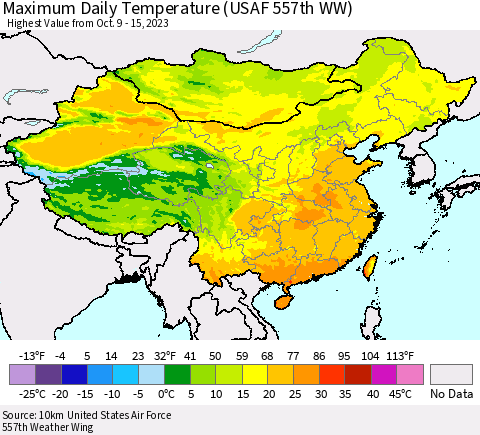 China, Mongolia and Taiwan Maximum Daily Temperature (USAF 557th WW) Thematic Map For 10/9/2023 - 10/15/2023