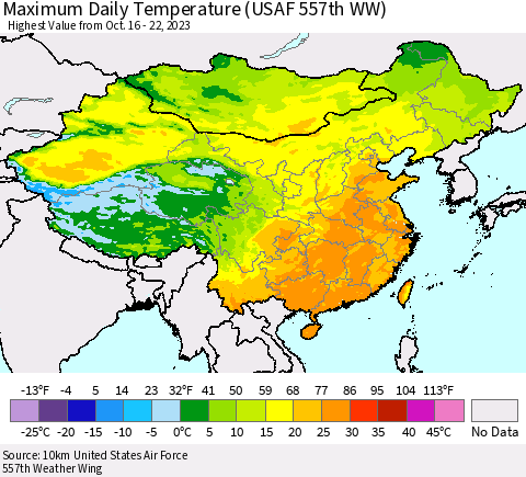 China, Mongolia and Taiwan Maximum Daily Temperature (USAF 557th WW) Thematic Map For 10/16/2023 - 10/22/2023