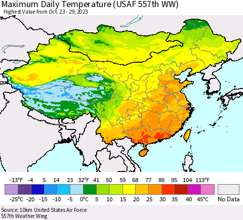 China, Mongolia and Taiwan Maximum Daily Temperature (USAF 557th WW) Thematic Map For 10/23/2023 - 10/29/2023