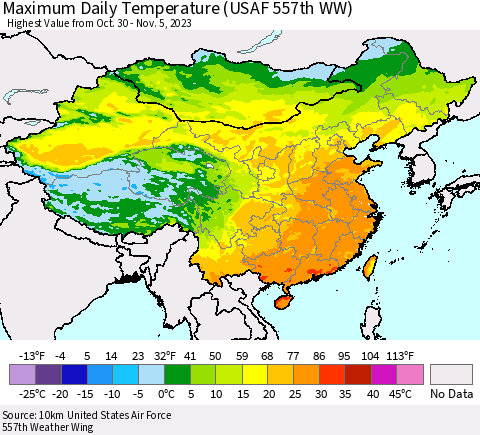 China, Mongolia and Taiwan Maximum Daily Temperature (USAF 557th WW) Thematic Map For 10/30/2023 - 11/5/2023