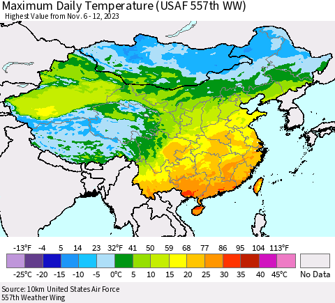 China, Mongolia and Taiwan Maximum Daily Temperature (USAF 557th WW) Thematic Map For 11/6/2023 - 11/12/2023