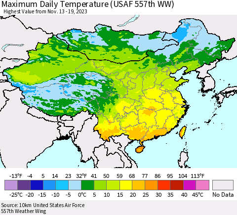 China, Mongolia and Taiwan Maximum Daily Temperature (USAF 557th WW) Thematic Map For 11/13/2023 - 11/19/2023