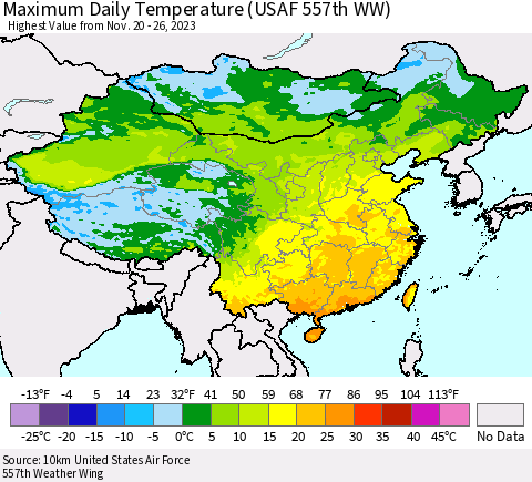 China, Mongolia and Taiwan Maximum Daily Temperature (USAF 557th WW) Thematic Map For 11/20/2023 - 11/26/2023