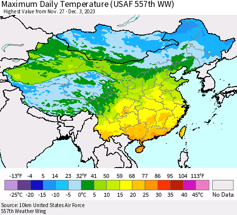 China, Mongolia and Taiwan Maximum Daily Temperature (USAF 557th WW) Thematic Map For 11/27/2023 - 12/3/2023