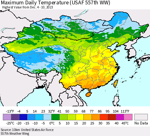 China, Mongolia and Taiwan Maximum Daily Temperature (USAF 557th WW) Thematic Map For 12/4/2023 - 12/10/2023
