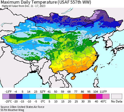 China, Mongolia and Taiwan Maximum Daily Temperature (USAF 557th WW) Thematic Map For 12/11/2023 - 12/17/2023