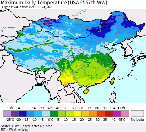 China, Mongolia and Taiwan Maximum Daily Temperature (USAF 557th WW) Thematic Map For 12/18/2023 - 12/24/2023