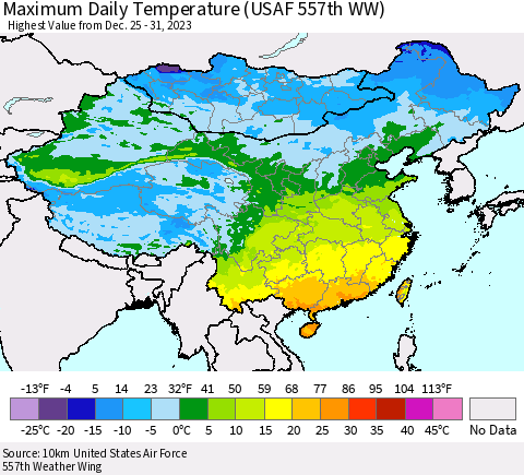 China, Mongolia and Taiwan Maximum Daily Temperature (USAF 557th WW) Thematic Map For 12/25/2023 - 12/31/2023