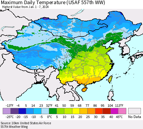 China, Mongolia and Taiwan Maximum Daily Temperature (USAF 557th WW) Thematic Map For 1/1/2024 - 1/7/2024