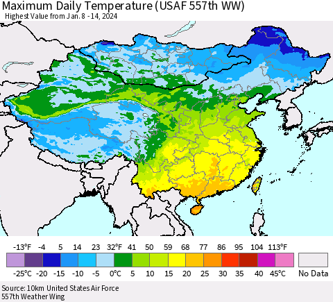 China, Mongolia and Taiwan Maximum Daily Temperature (USAF 557th WW) Thematic Map For 1/8/2024 - 1/14/2024