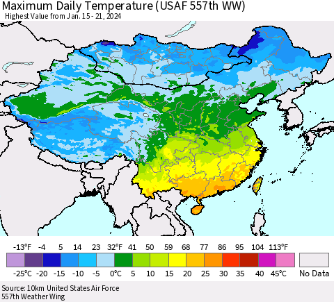 China, Mongolia and Taiwan Maximum Daily Temperature (USAF 557th WW) Thematic Map For 1/15/2024 - 1/21/2024