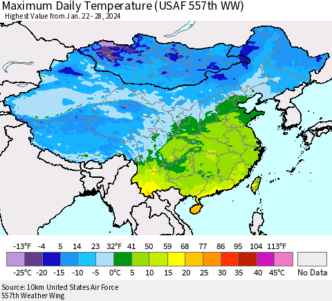 China, Mongolia and Taiwan Maximum Daily Temperature (USAF 557th WW) Thematic Map For 1/22/2024 - 1/28/2024