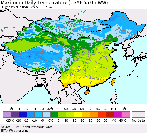 China, Mongolia and Taiwan Maximum Daily Temperature (USAF 557th WW) Thematic Map For 2/5/2024 - 2/11/2024