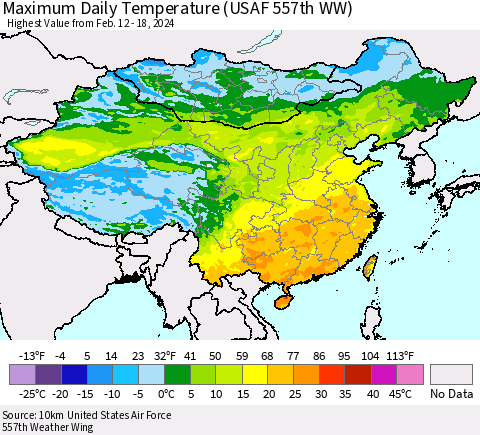 China, Mongolia and Taiwan Maximum Daily Temperature (USAF 557th WW) Thematic Map For 2/12/2024 - 2/18/2024