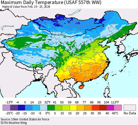 China, Mongolia and Taiwan Maximum Daily Temperature (USAF 557th WW) Thematic Map For 2/19/2024 - 2/25/2024