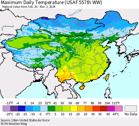 China, Mongolia and Taiwan Maximum Daily Temperature (USAF 557th WW) Thematic Map For 2/26/2024 - 3/3/2024