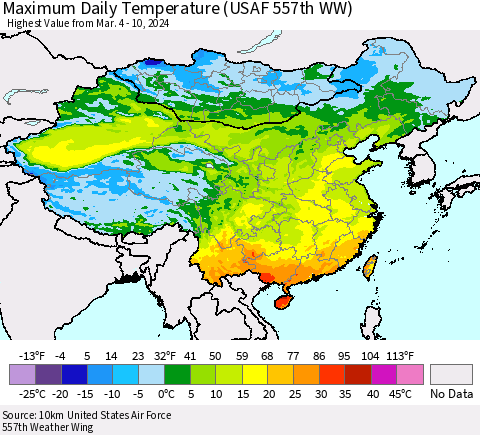China, Mongolia and Taiwan Maximum Daily Temperature (USAF 557th WW) Thematic Map For 3/4/2024 - 3/10/2024